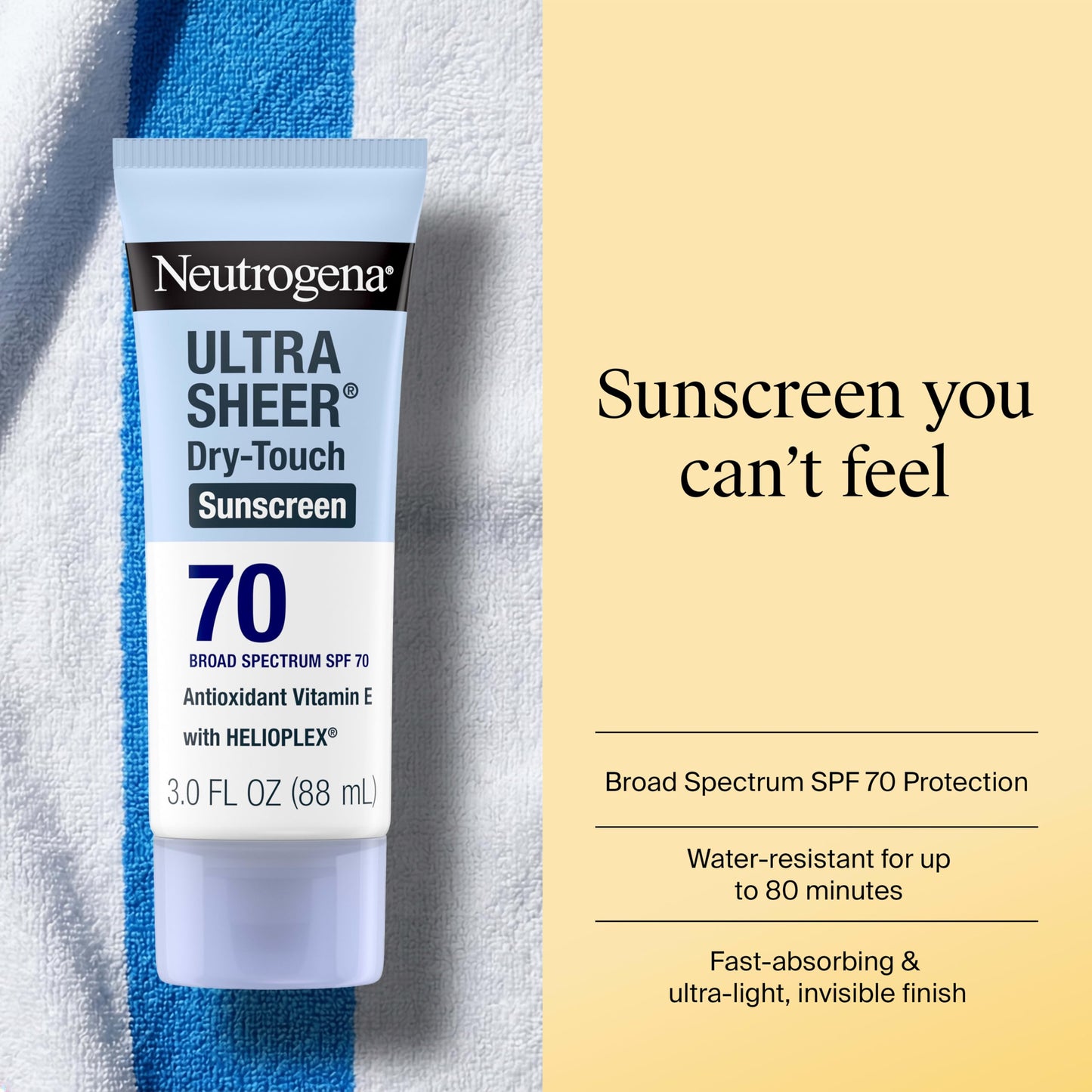 Neutrogena Ultra Sheer Dry Touch Sunscreen Lotion SPF 70 Broad Spectrum UVA UVB Protection Lightweight Water Resistant up to 80 Minutes Oil PABA Oxybenzone Free, 3 fl oz