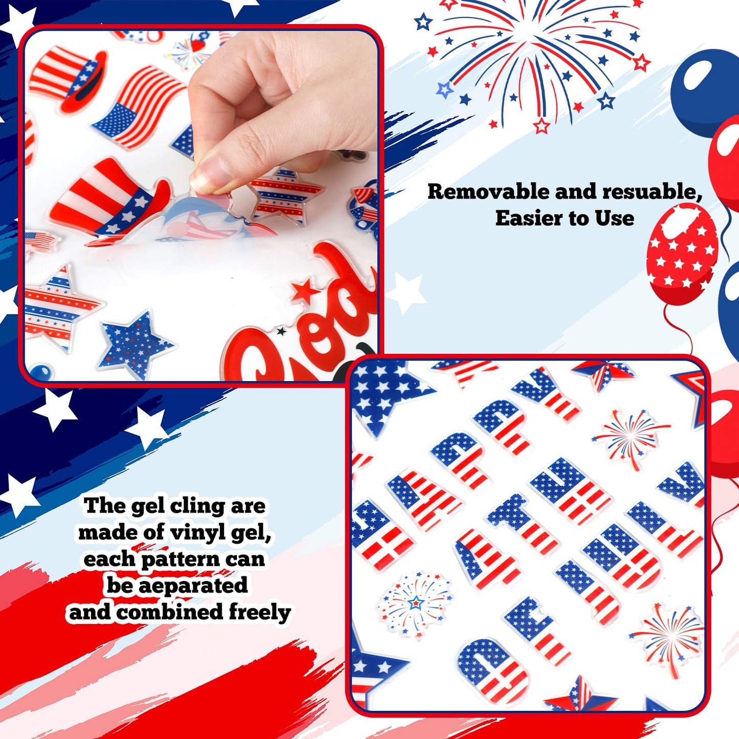 Tellingyou 65 Pcs 4th of July Gel Window Clings Patriotic Stickers Decals Red Blue White American Star Flag Clings for Independence Day Home