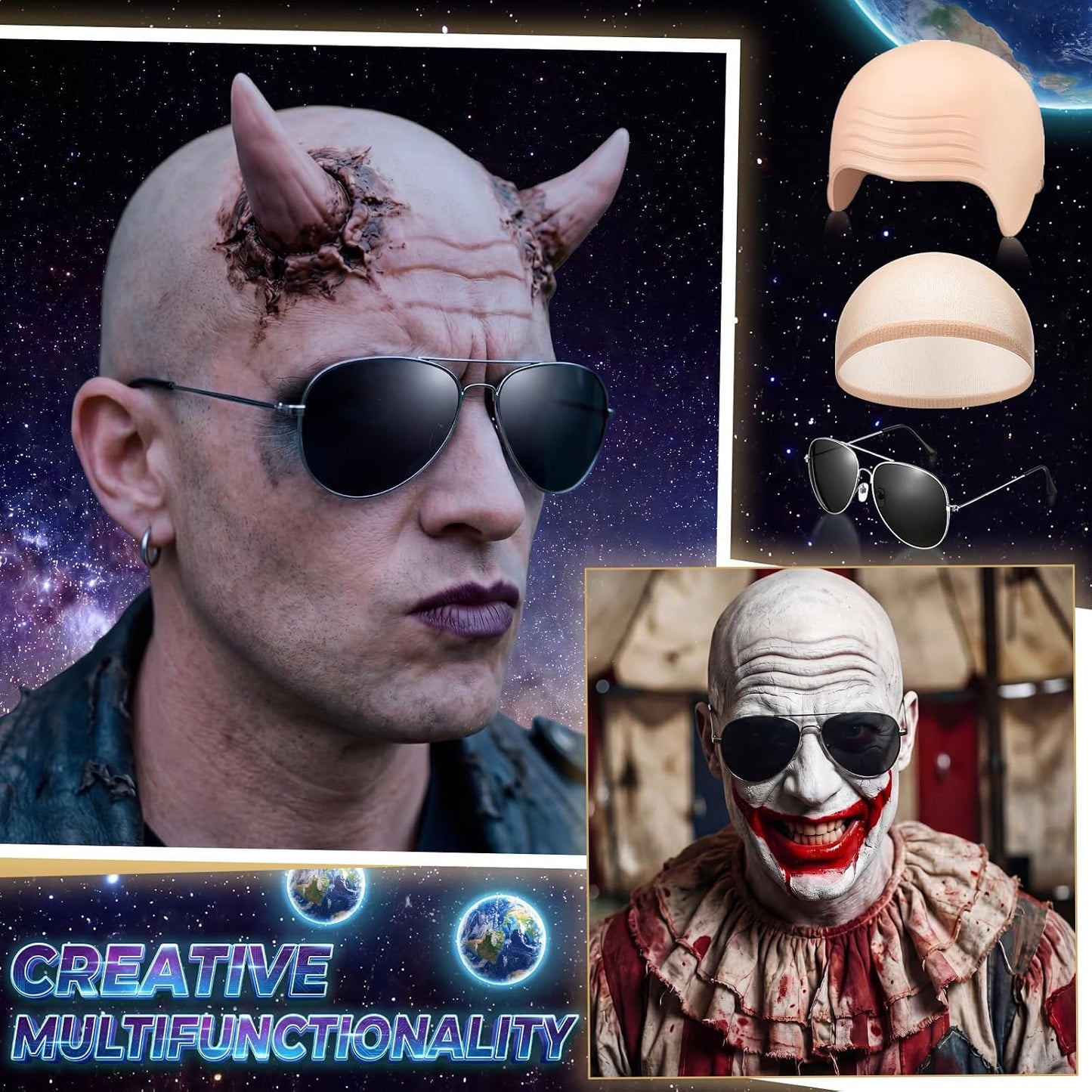Bald Cap Set with Sunglasses - 18 Pcs Halloween Cosplay Costume Accessories for Men & Women
