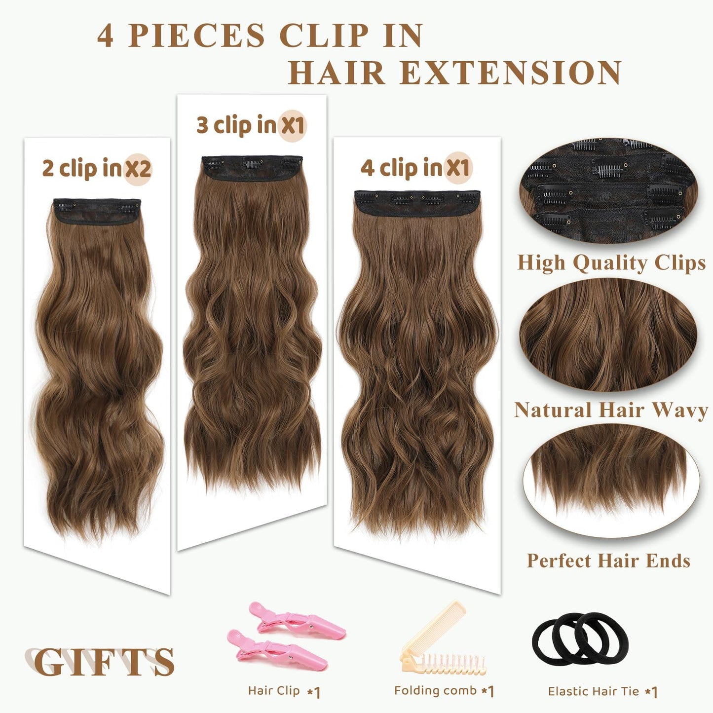 20” Brown Clip in Hair Extensions Long Wavy Synthetic Extensions for Women
