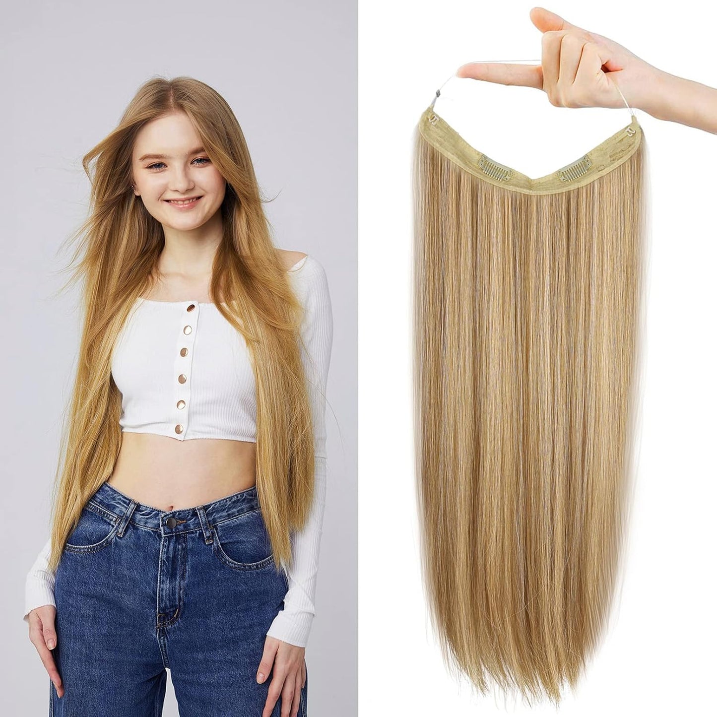 Invisible Wire Hair Extensions - Adjustable Transparent Headband | 24 Inch Dark Blonde Secret Hairpiece for Women