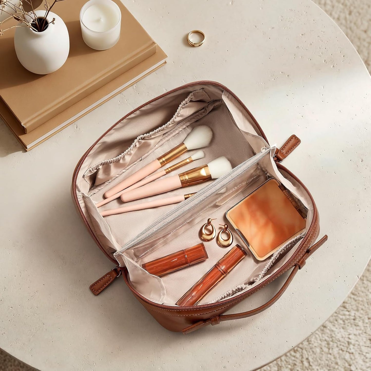 Travel Makeup Bag for Women - Large Capacity Waterproof PU Leather | Portable Cosmetic & Toiletry Organizer