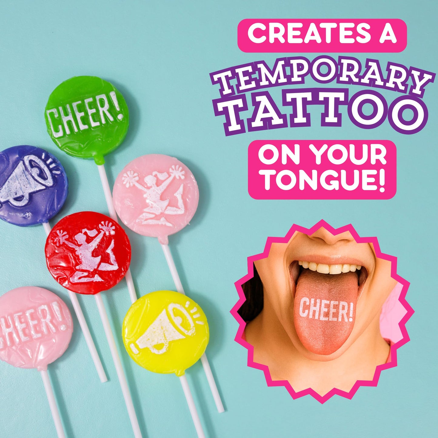 Cheer Tattoo Lollipops, Team Party Favor Candy Gifts, Pack of 24