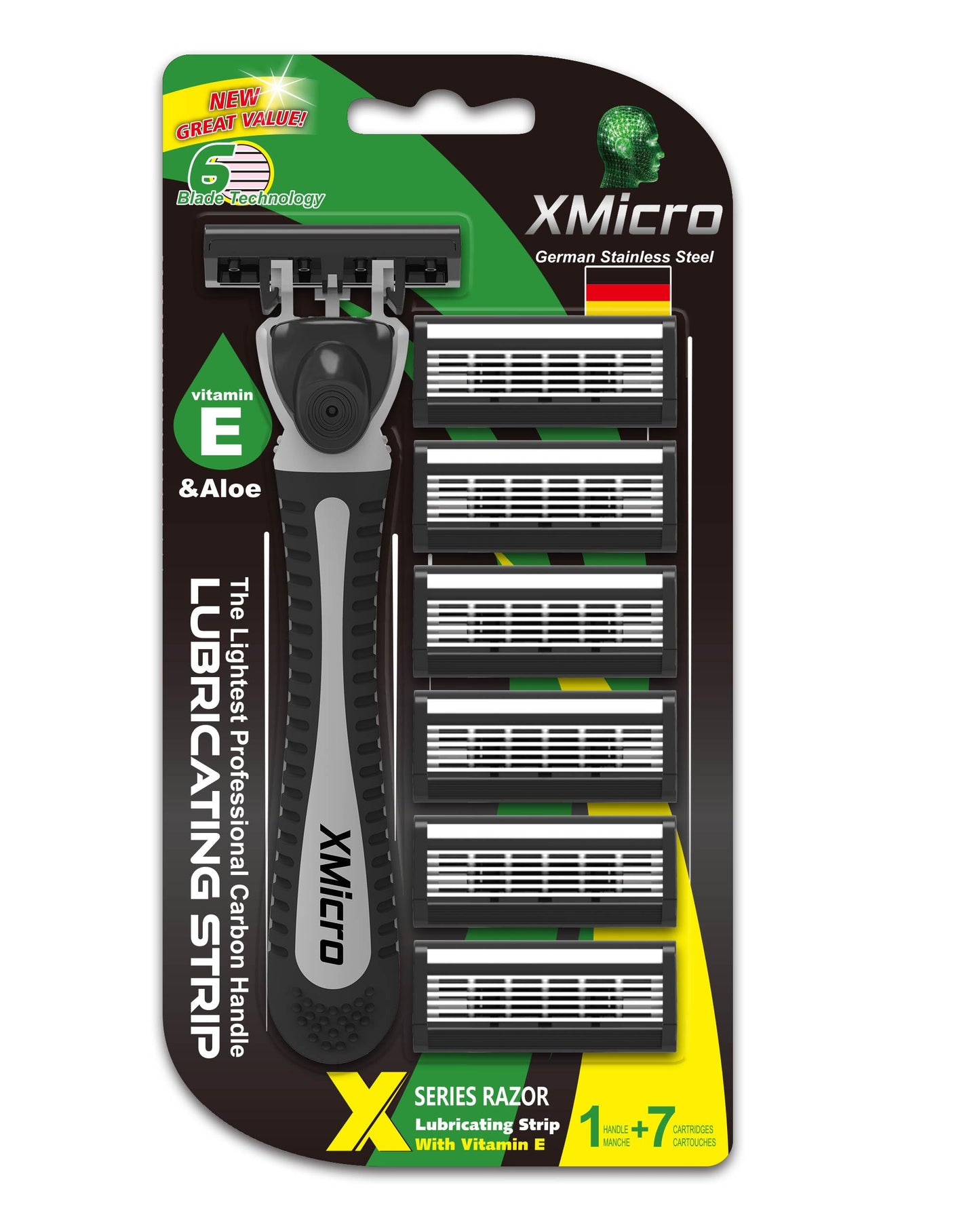 XMicro® Razors for Men, 1 Razor, 7 Blade Refills with German Stainless Steel, Lubricated with Vitamin E, Aloe for Smooth Shave, Shields Against Irritation, Light Weight Version X Men