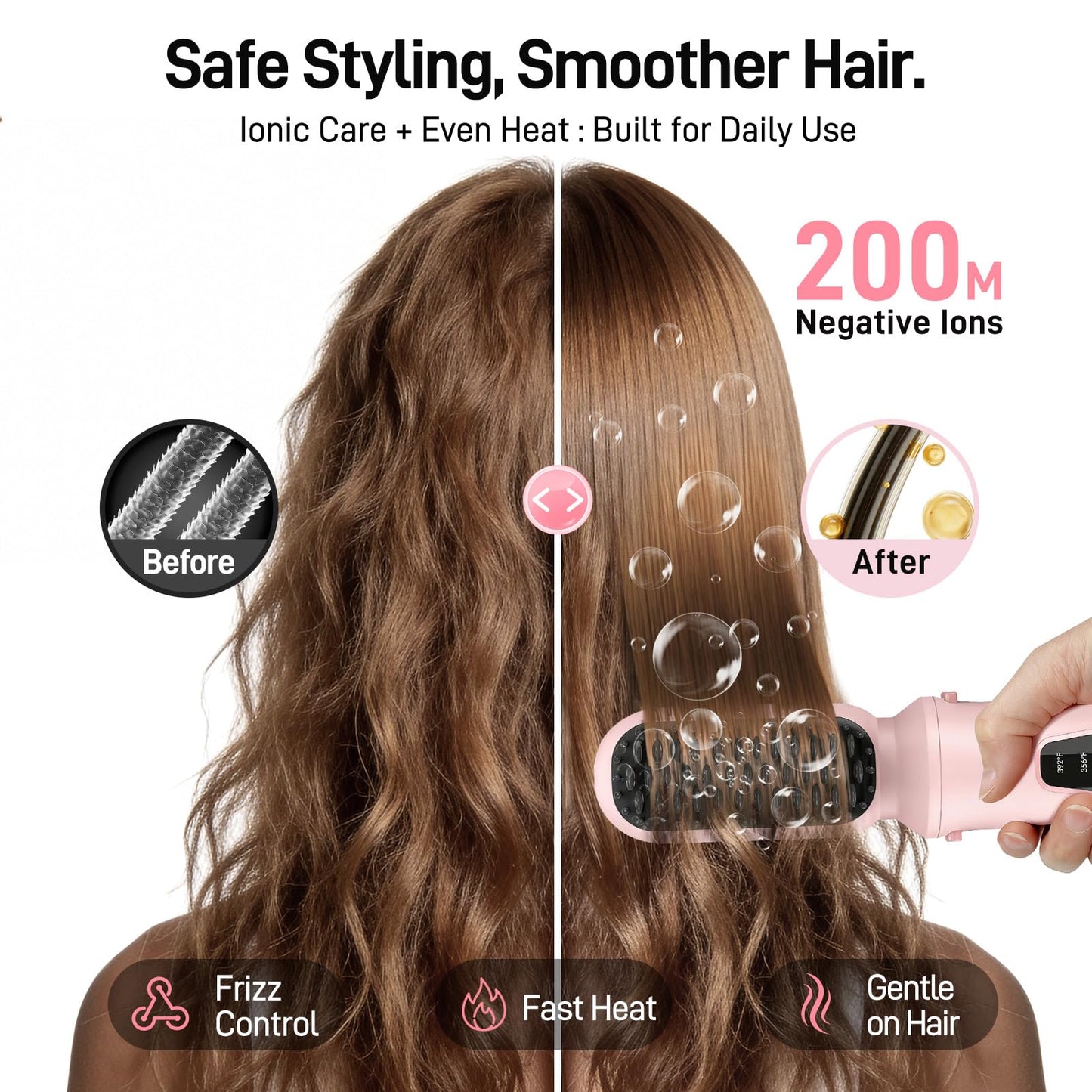GLS 3-in-1 Cordless Hair Straightener Brush, Portable Cordless Curling Iron Brush and Flat Iron Heads, Hair Styling Set, USB Rechargeable for On-the-Go Styling, Fast Heat, Travel Friendly, Pink
