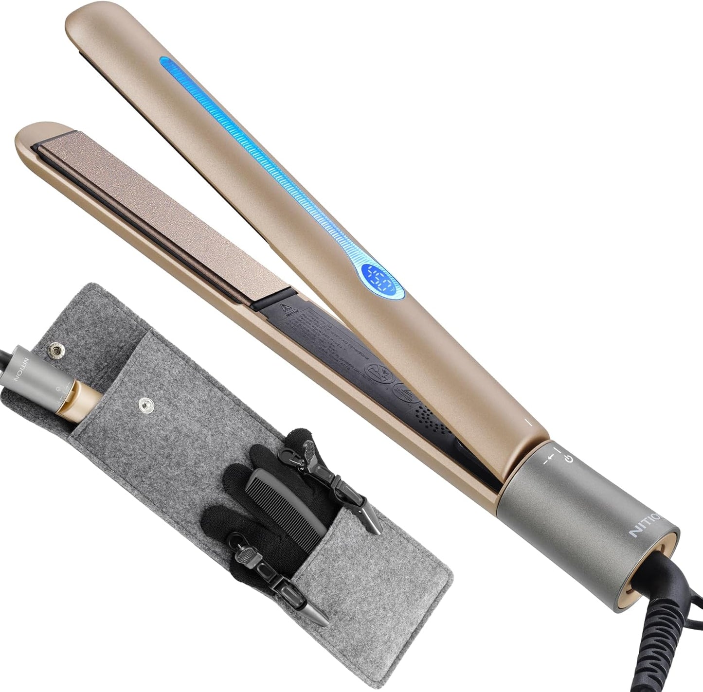 NITION Ceramic Tourmaline Hair Straightener - Fast Heating 1" Flat Iron with 3D Floating Plates | Gold Finish, Travel-Friendly