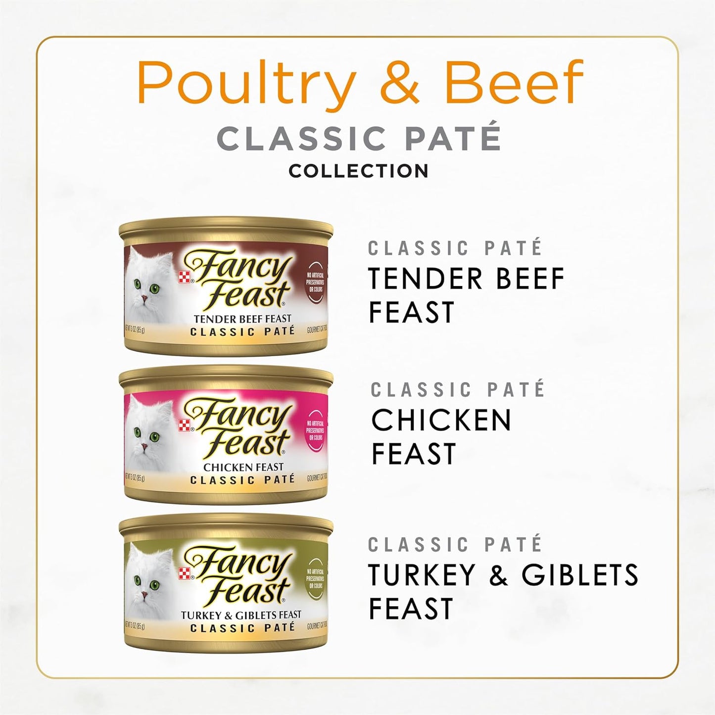 Fancy Feast Wet Cat Food Variety Pack - Grain Free Poultry & Beef Pate - 30 Cans, 3 oz Each