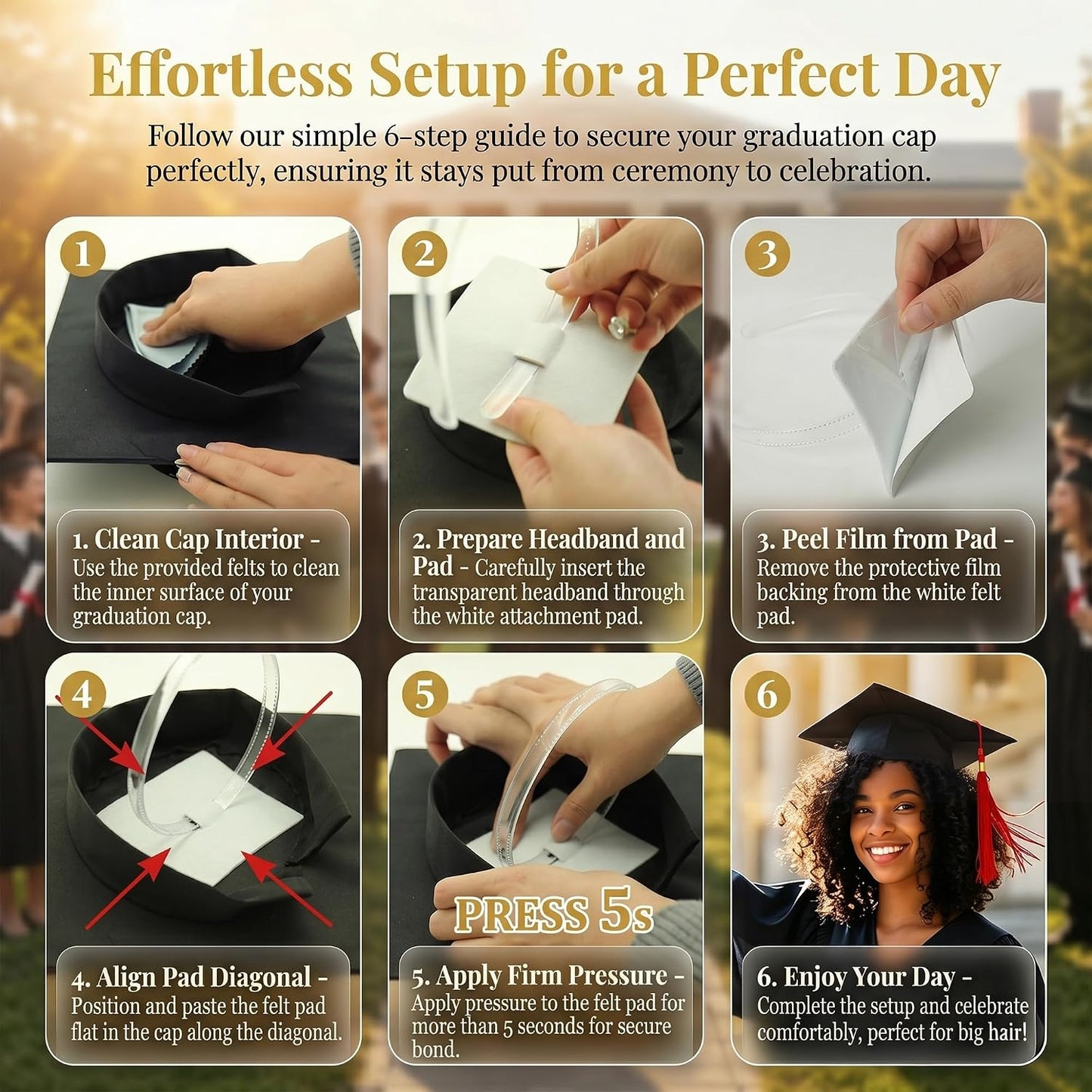 Graduation Cap Headband Kit - 2 Pack Anti-Slip Hair Band with 4 Clips for Secure Fit | Perfect for Graduates & Students