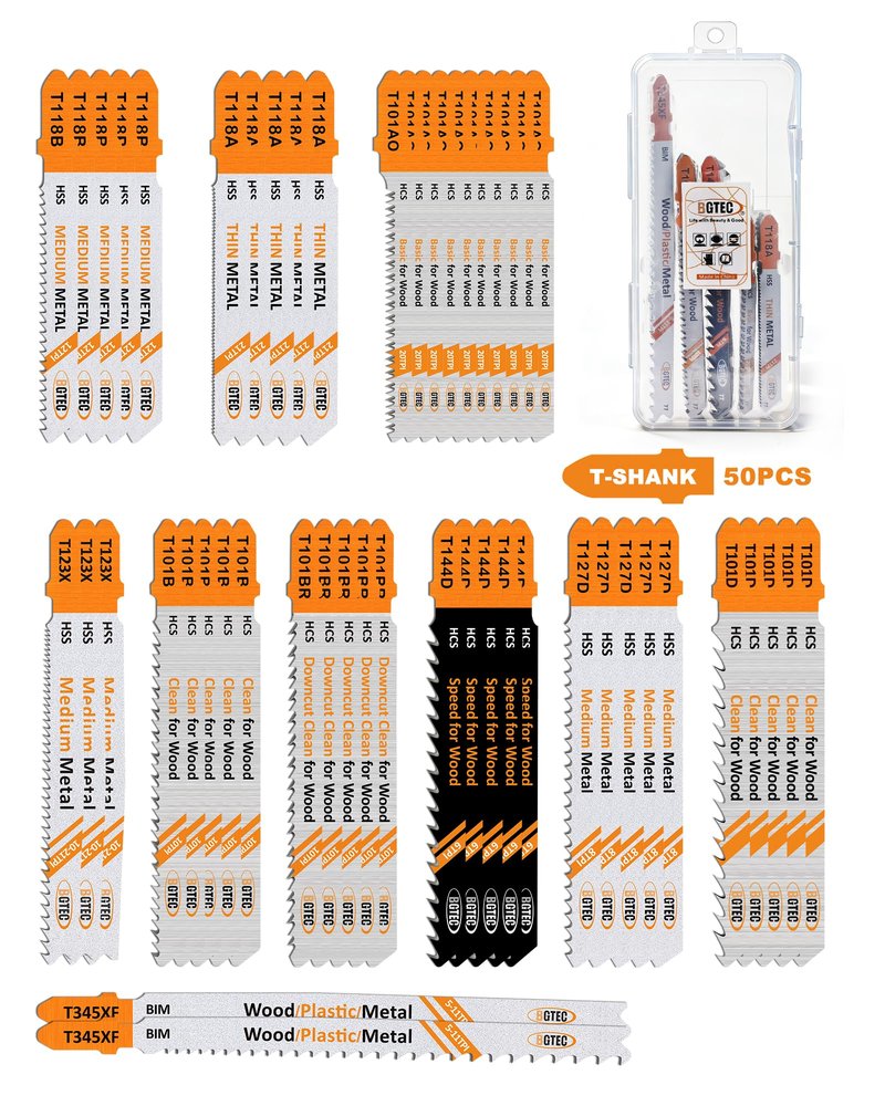 50PCS T Shank Jigsaw Blades Set - BGTEC HCS/HSS Jig Saw Blades for Wood, Plastic and Metal Cutting(T118A,T118B,T127D,T123X,T101AO,T101B,T101BR,T101D,T144D,T345XF)