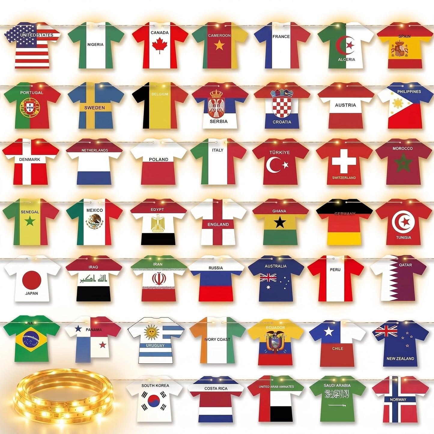 2026 World Cup Decorations with LED String Lights, 49 Countries Soccer Jersey Flag Banner Garland, Lighted Soccer Party Decorations for Watch Party, Bar, Home, Game Room, Sports Fan Decor