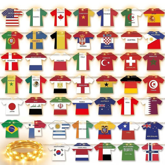 2026 World Cup Decorations with LED String Lights, 49 Countries Soccer Jersey Flag Banner Garland, Lighted Soccer Party Decorations for Watch Party, Bar, Home, Game Room, Sports Fan Decor