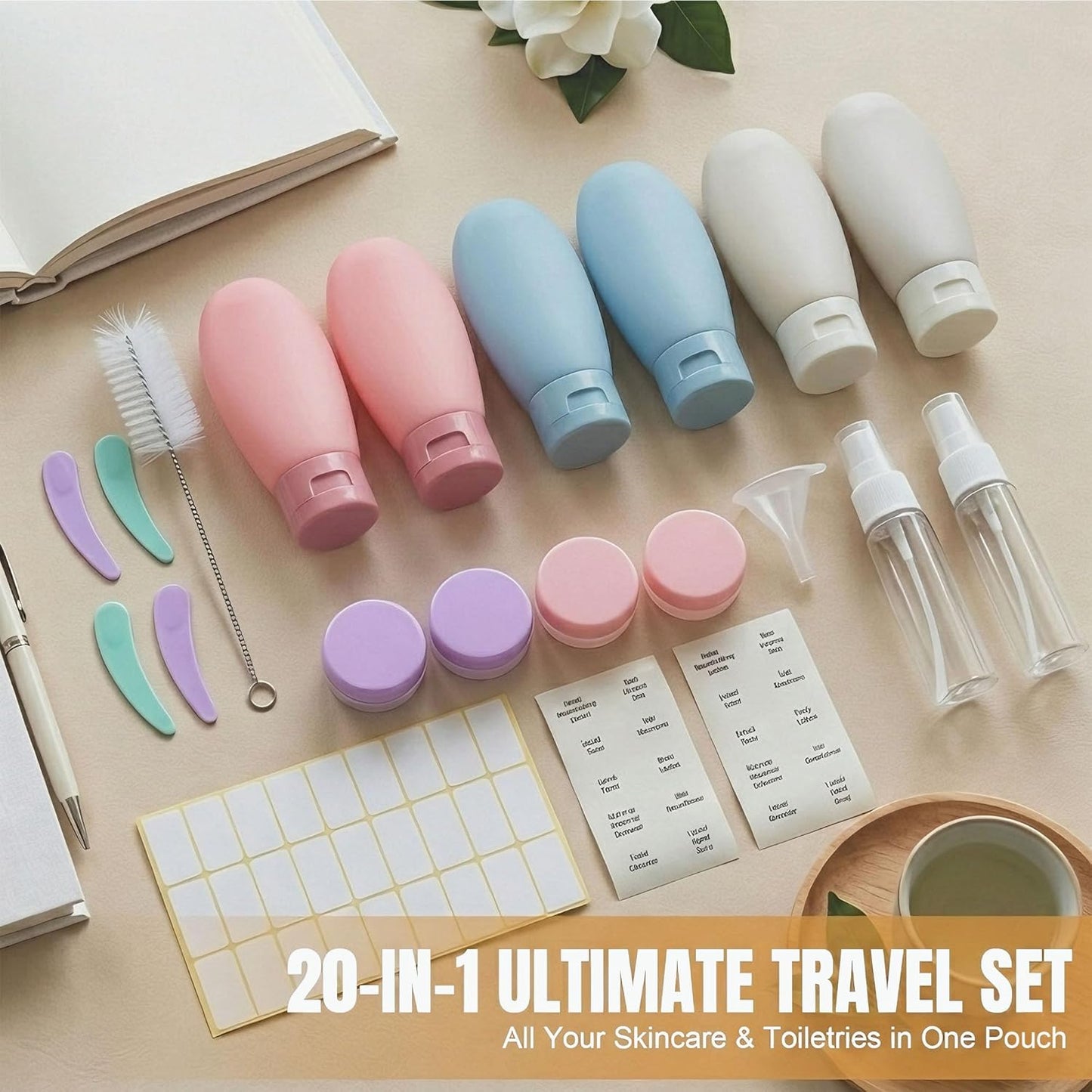 Travel Bottles Set - 20 Pack TSA Approved Leak Proof Containers | Refillable Toiletry Kit for Shampoo, Conditioner, Lotion (Multicolor)