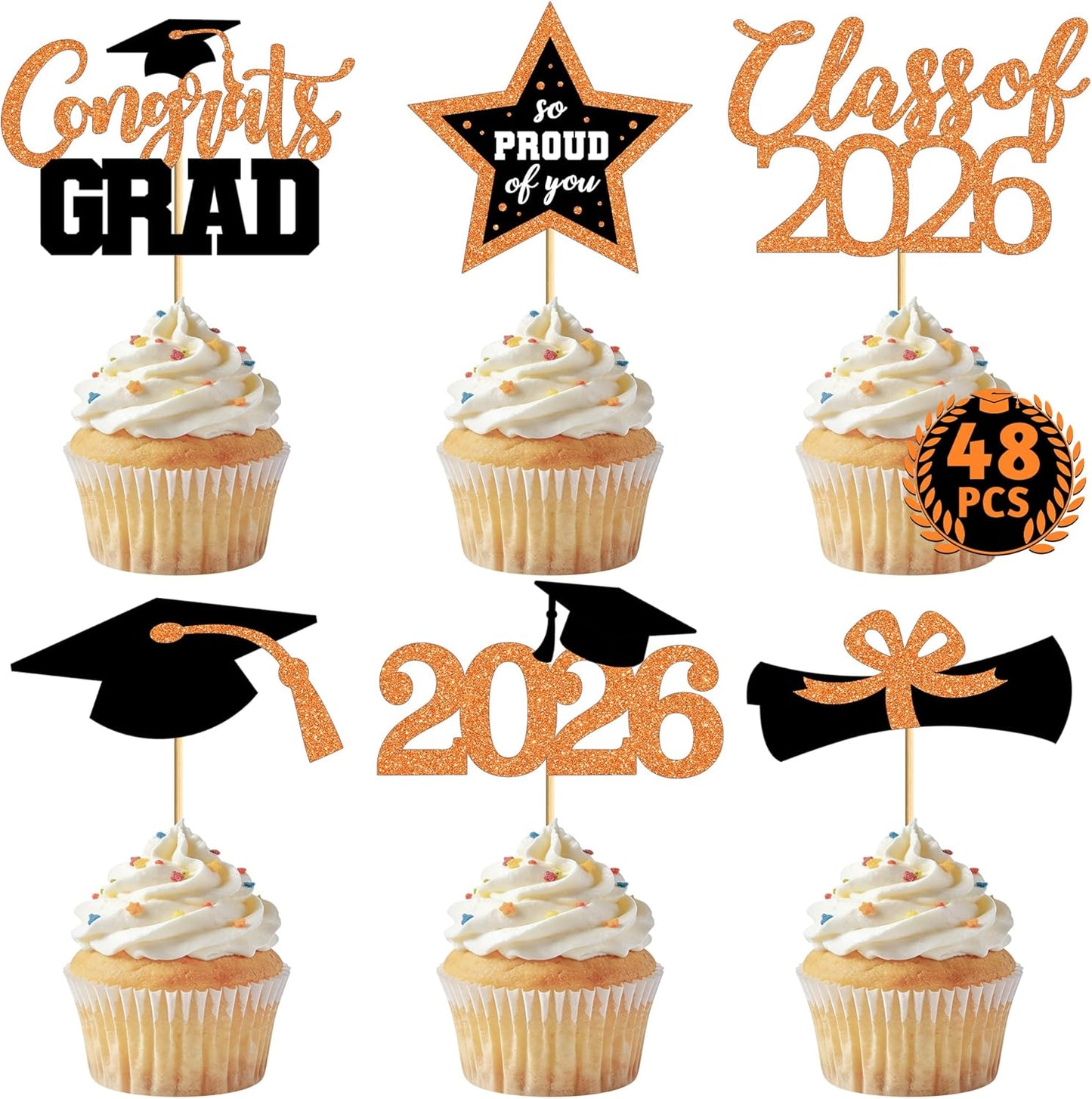Graduation Cupcake Toppers - 48 PCS Black & Gold Congrats Grad Decorations | Glittery Cap & Diploma Picks for 2026 Party