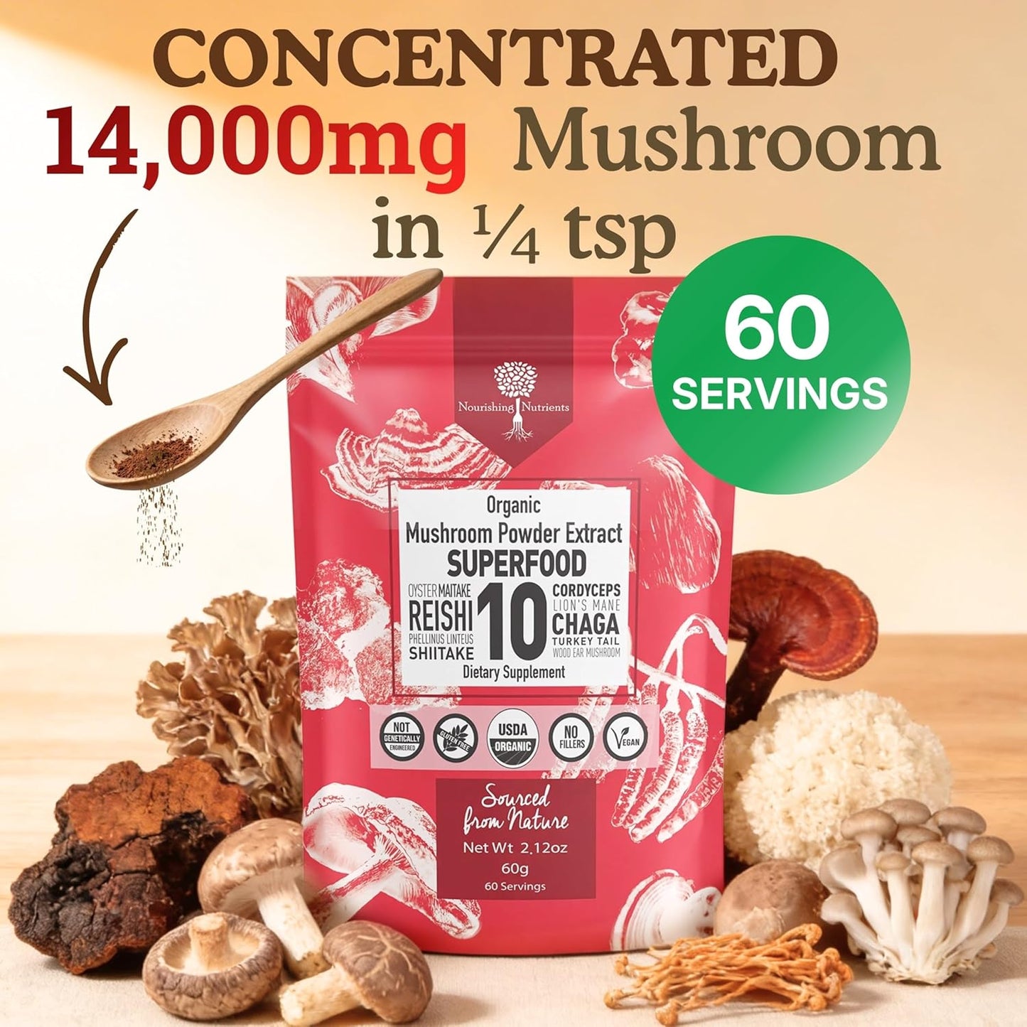 Organic Mushroom Supplement Powder - Focus & Immune Support | 100% Fruiting Body, Lions Mane, Reishi & More - 60 Servings