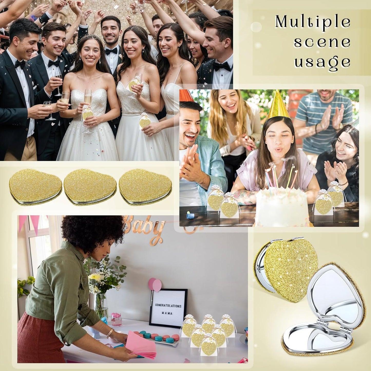 Heart Glitter Compact Mirror - Gold Magnifying 1x/2x PU Leather | Perfect Gift for Women, Bridal Showers & Weddings