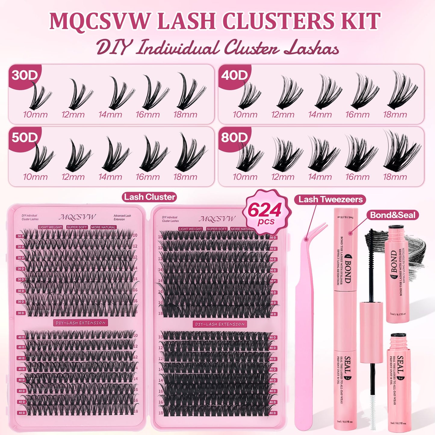 Lash Clusters Kit 624Pcs Cluster Eyelash Extensions, 30D+40D+50D+80D Natural Wispy False Eyelashes DIY 9-16mm Individual Lashes D Curl, with Lash Bond and Seal Tweezers Brush for Party Use