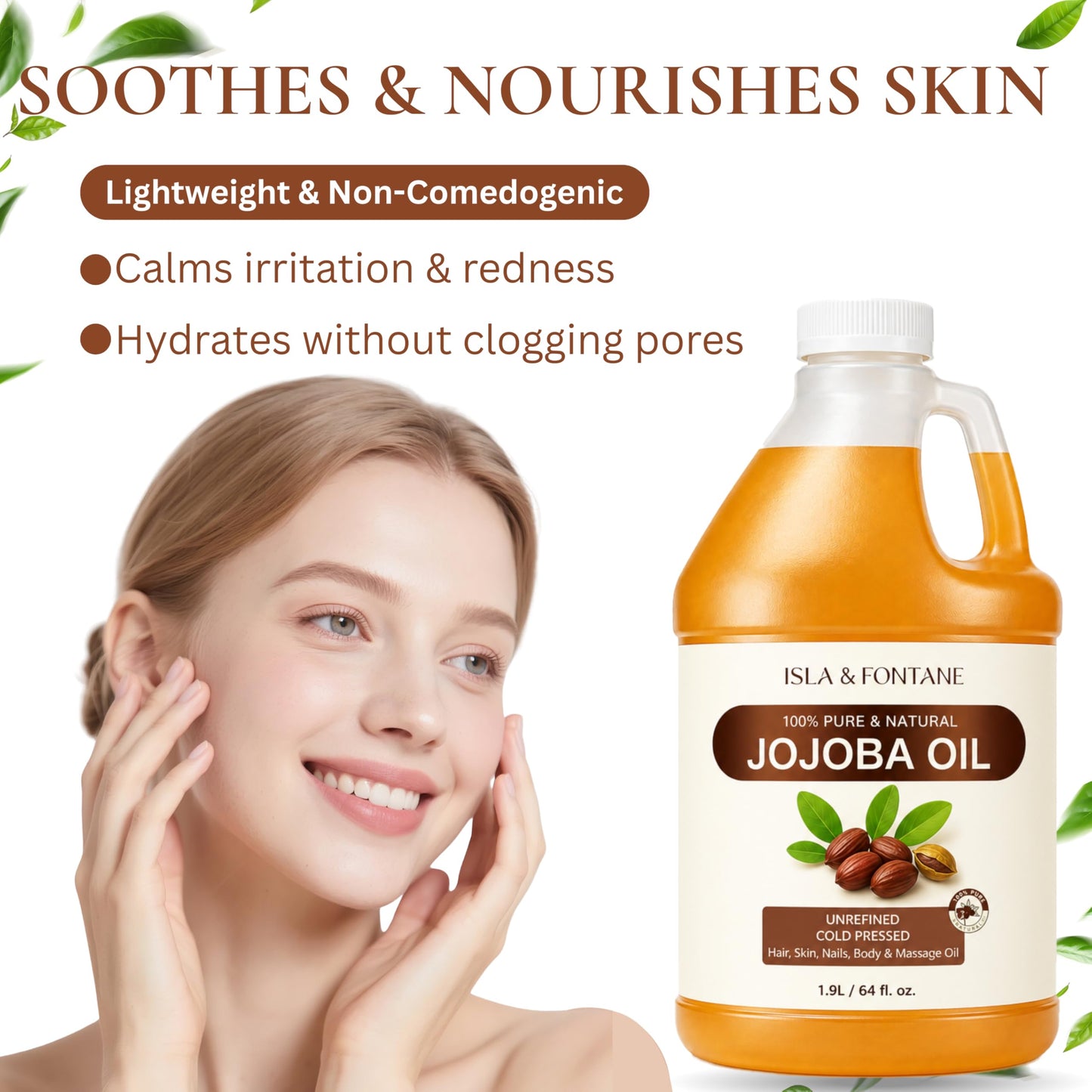 ISLA & FONTANE 100% Pure & Natural Jojoba Oil 1.9L - Cold Pressed, Unrefined, Hexane Free Carrier Oil for Hair, Face, Body & Nails - Vegan, Non-GMO Moisturizer & Massage Oil