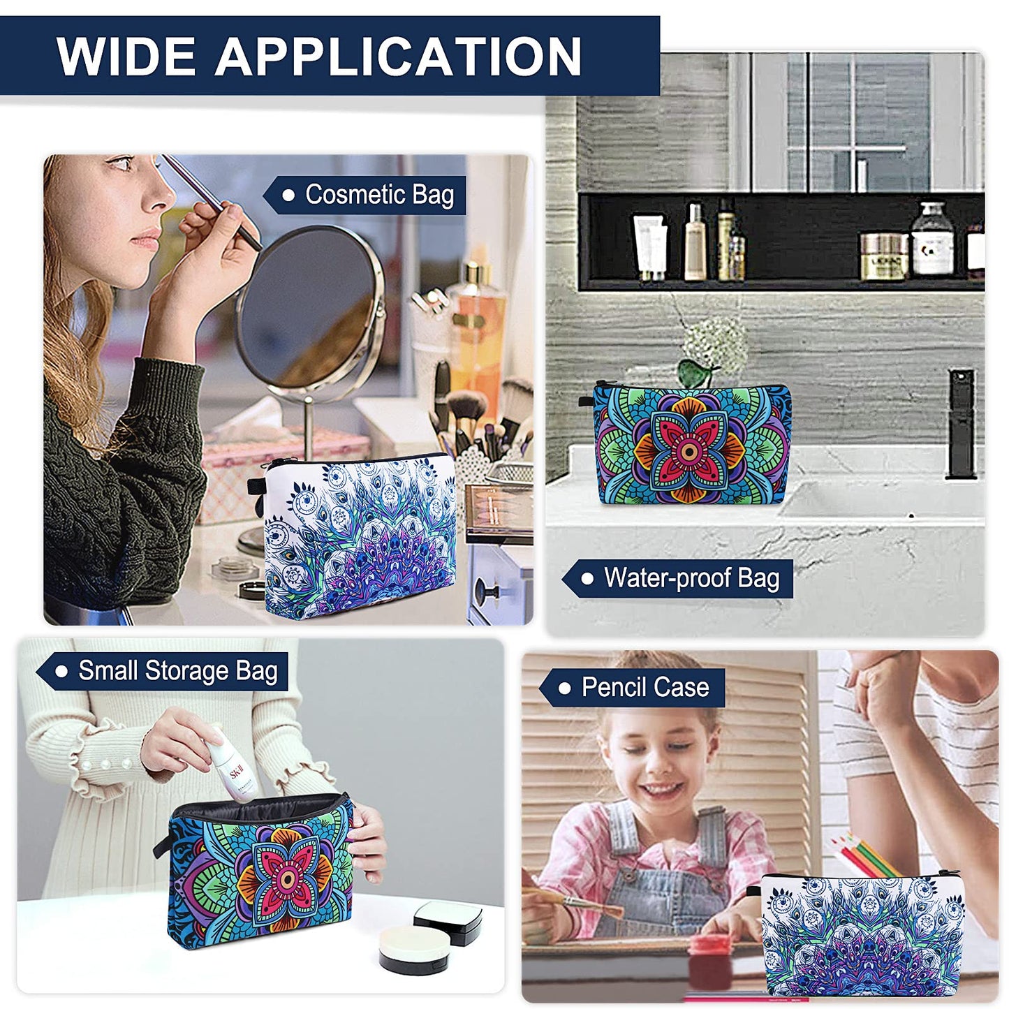 MAGEFY Makeup Bag, 2 Styles Travel Cosmetic Bag for Women Cosmetic pouch Elegant Blue Patterns Zipper Pouch Waterproof Makeup Pouch Cute (2 Packs, Peacock feather + Mandala pattern 0179)