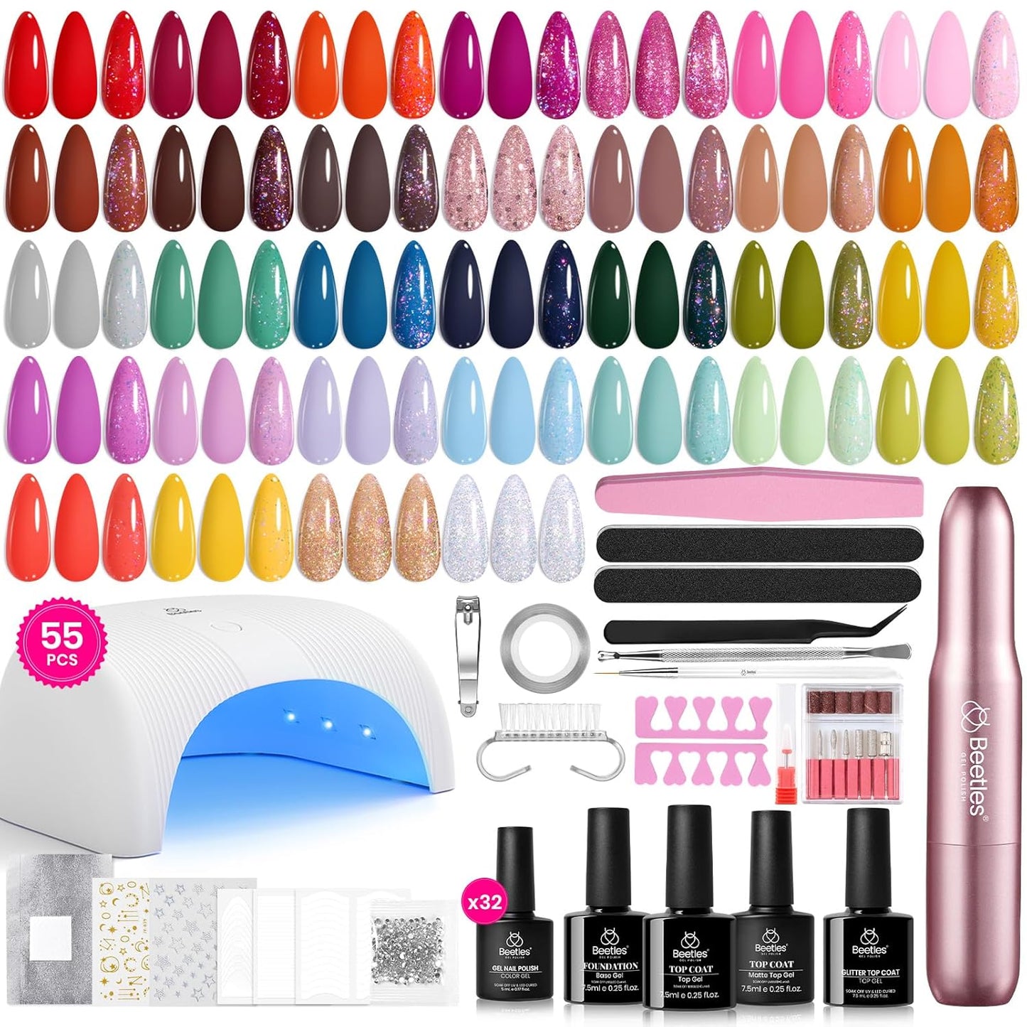 Beetles Gel Nail Polish Kit - 55 Vibrant Colors with UV Light | Complete DIY Manicure Set for Beginners