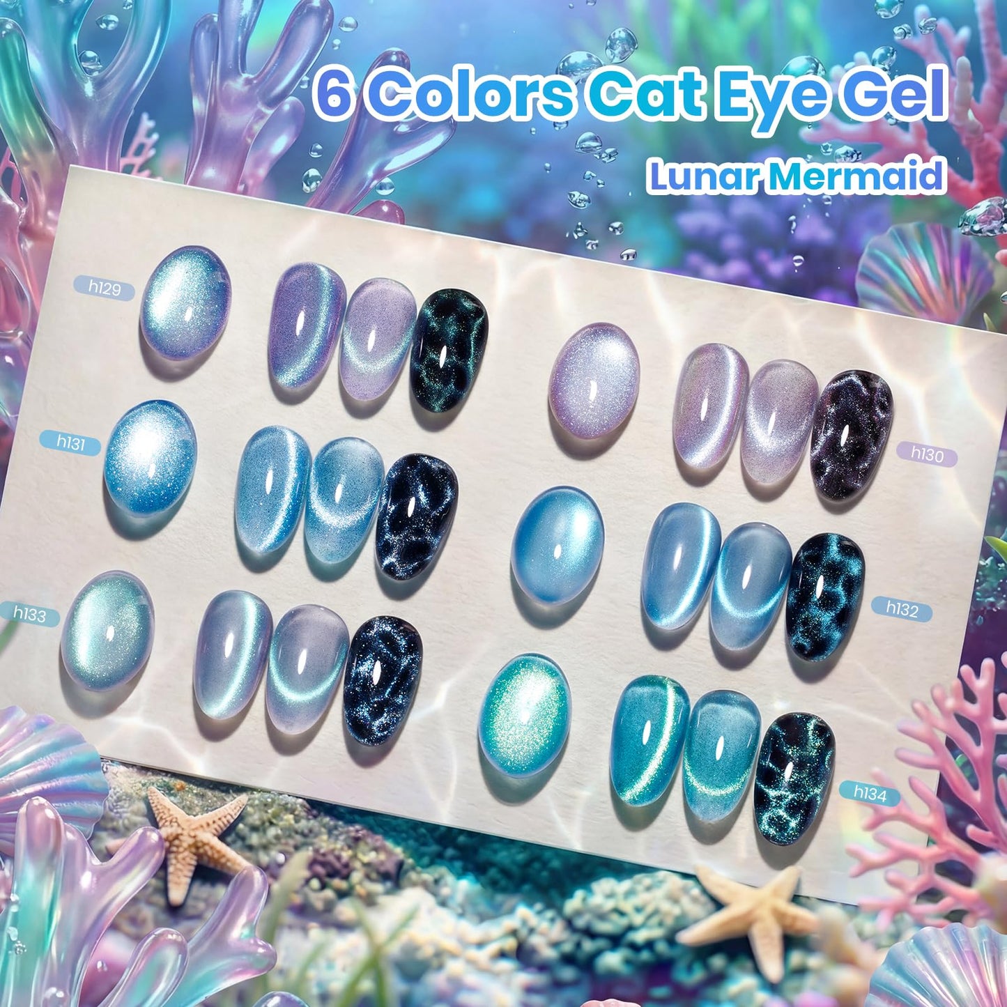 Beetles Cat Eye Gel Nail Polish Set - Lunar Mermaid 6 Colors Summer Gel Nail Polish Kit Glitter Blue Purple Navy Blue Teal Colors Magnetic Shine Soak Off UV Salon DIY Manicure Gift for Women