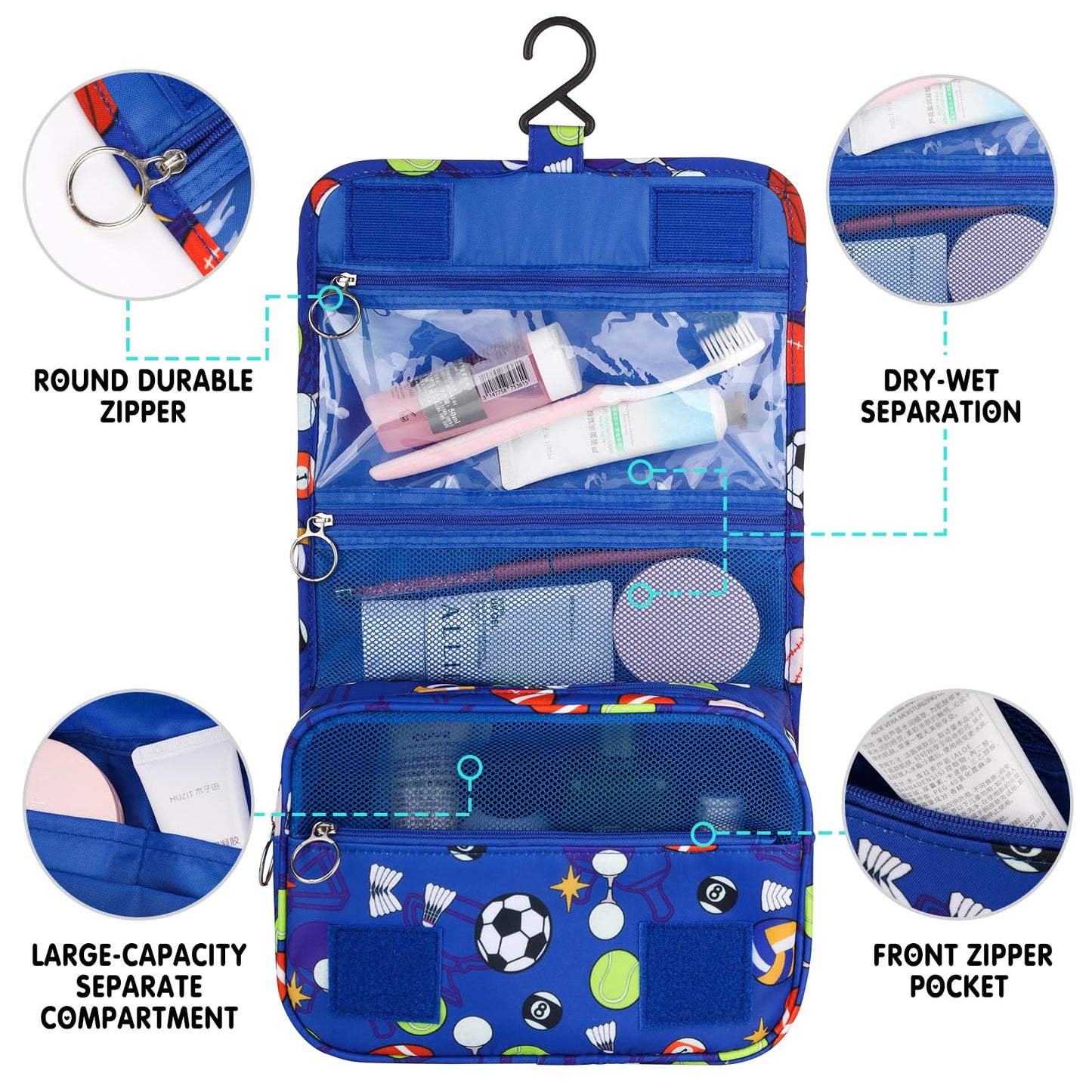 Vipdeal Kids Hanging Toiletry Bag for Boys, Travel Toiletry Bag for Little Young Boys Waterproof Wash Bag Toddler Traveling Toiletries, Soccer Balls Blue