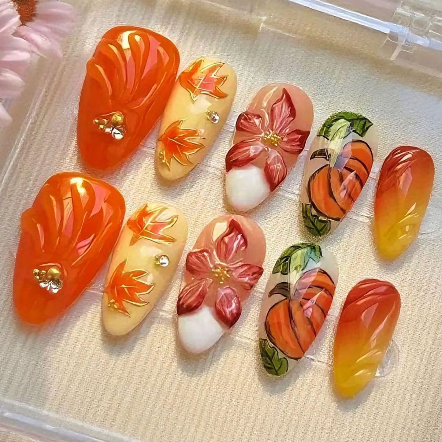 French Tip Press-On Nails - 24 Pcs Medium Almond with 3D Flower & Gold Rhinestones | Full Cover Nude Artificial Nails