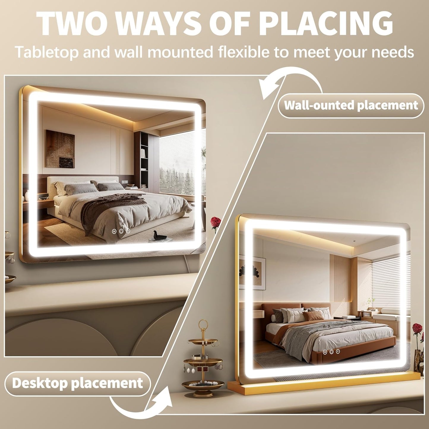 FENNIO LED Vanity Mirror with Lights - 23" x 18" Hollywood Makeup Mirror | 3 Color Modes & Adjustable Brightness, Gold Finish