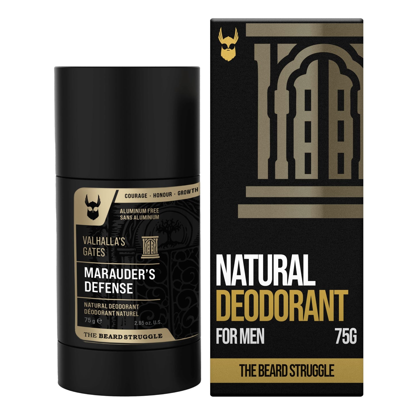 The Beard Struggle Natural Deodorant - Marauder’s Defense - 100% Natural Charcoal Infused Deodorant Men Aluminum Free - Gold Collection, Valhalla's Gates - 2.65 oz.US.