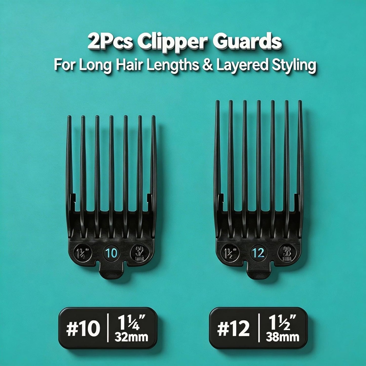 Clipper Guards Set - 10 & 12 Compatible with Wahl Clippers | Extra Long Replacement Combs - 1.25" & 1.5" Black