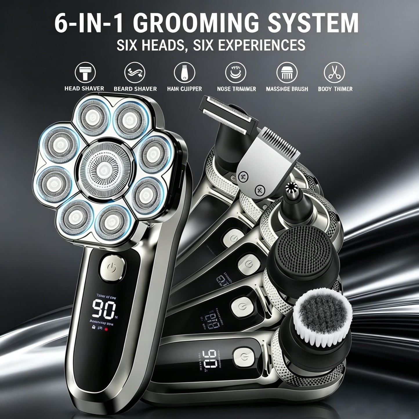 YINICARE® Head Shaver for Bald Men Electric Razor for Fast Shower Shaving with 9D Rotary Blades 6-in-1 Grooming Kit for Head Face Beard Nose Body Hair Trimmer Wet & Dry Cordless USB-C Charging