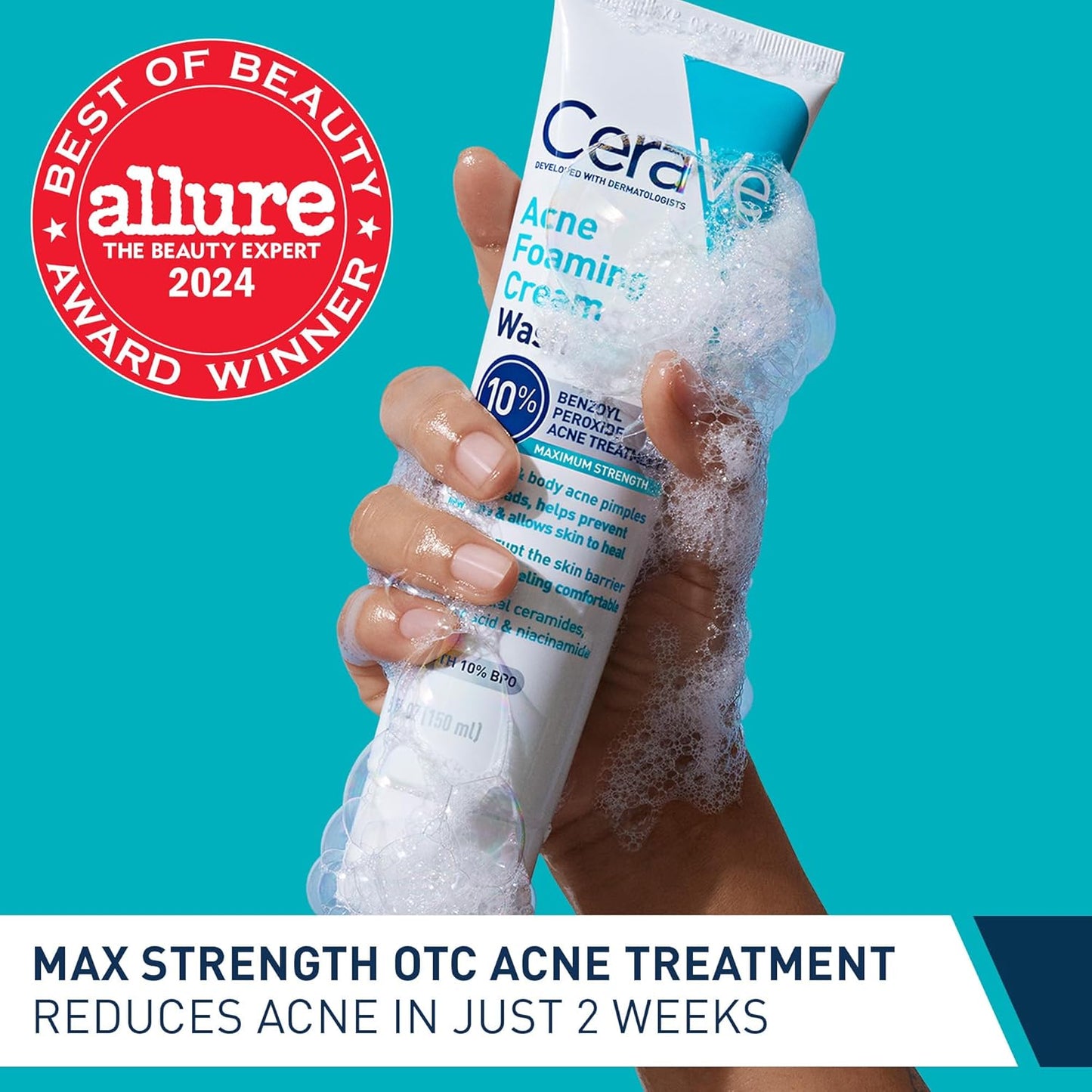 CeraVe Acne Foaming Cream Wash - Gentle Cleanser with 10% Benzoyl Peroxide, Hyaluronic Acid & Niacinamide | 5 Oz
