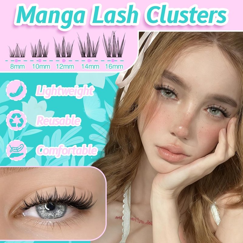 Manga Lash Clusters Kit - 8-16mm C Curl Natural Wispy Eyelashes | 108pcs Individual Lashes with Bond, Seal Remover & Tweezers