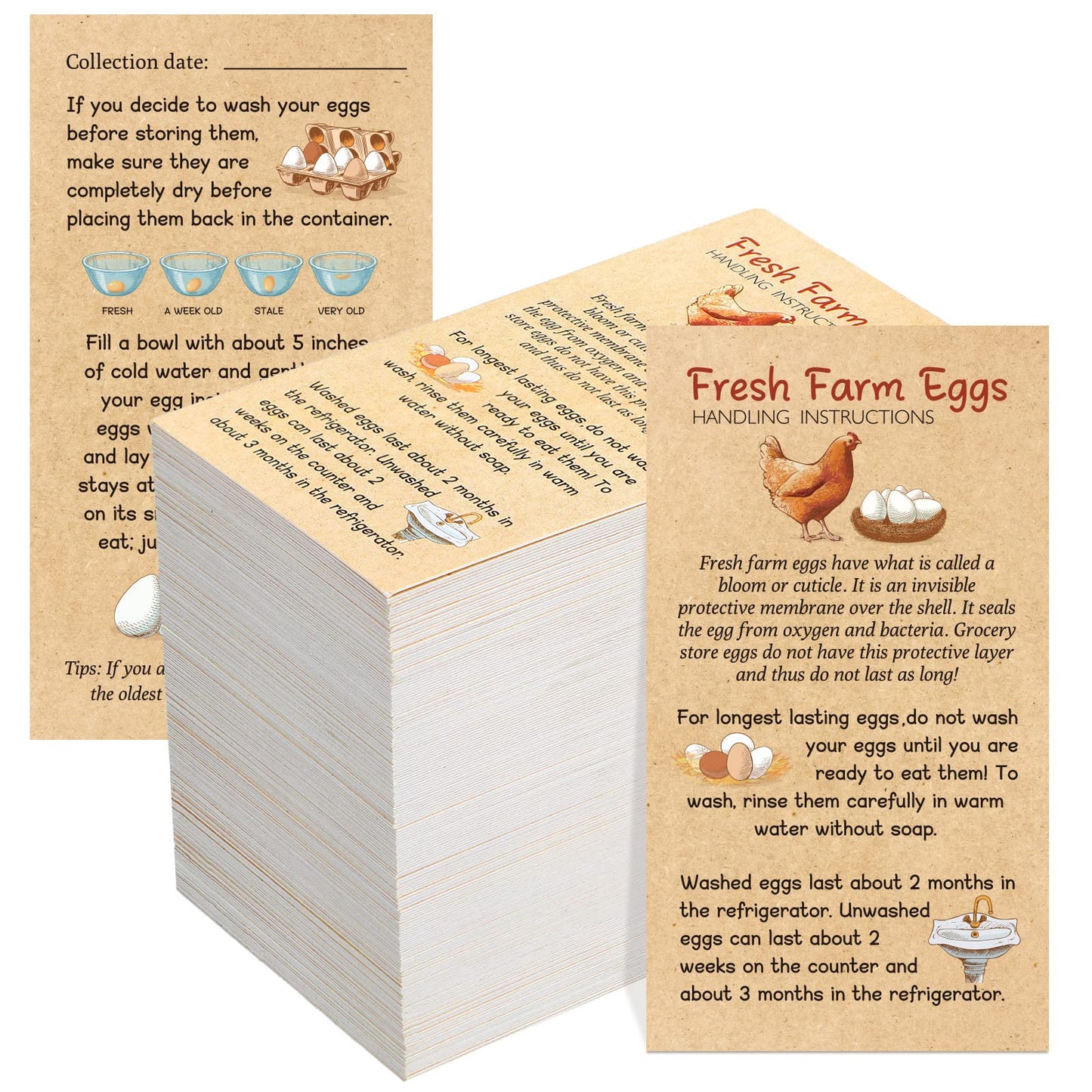 Kisston 200 Pcs Egg Handling Instruction Cards Bulk Fresh Farm Egg Care Labels 2 x 3.5'' Resuable Eggs Carton Stamp Thick Paper Design for Basket Farmstand Market Business Supplies (Simple Style)