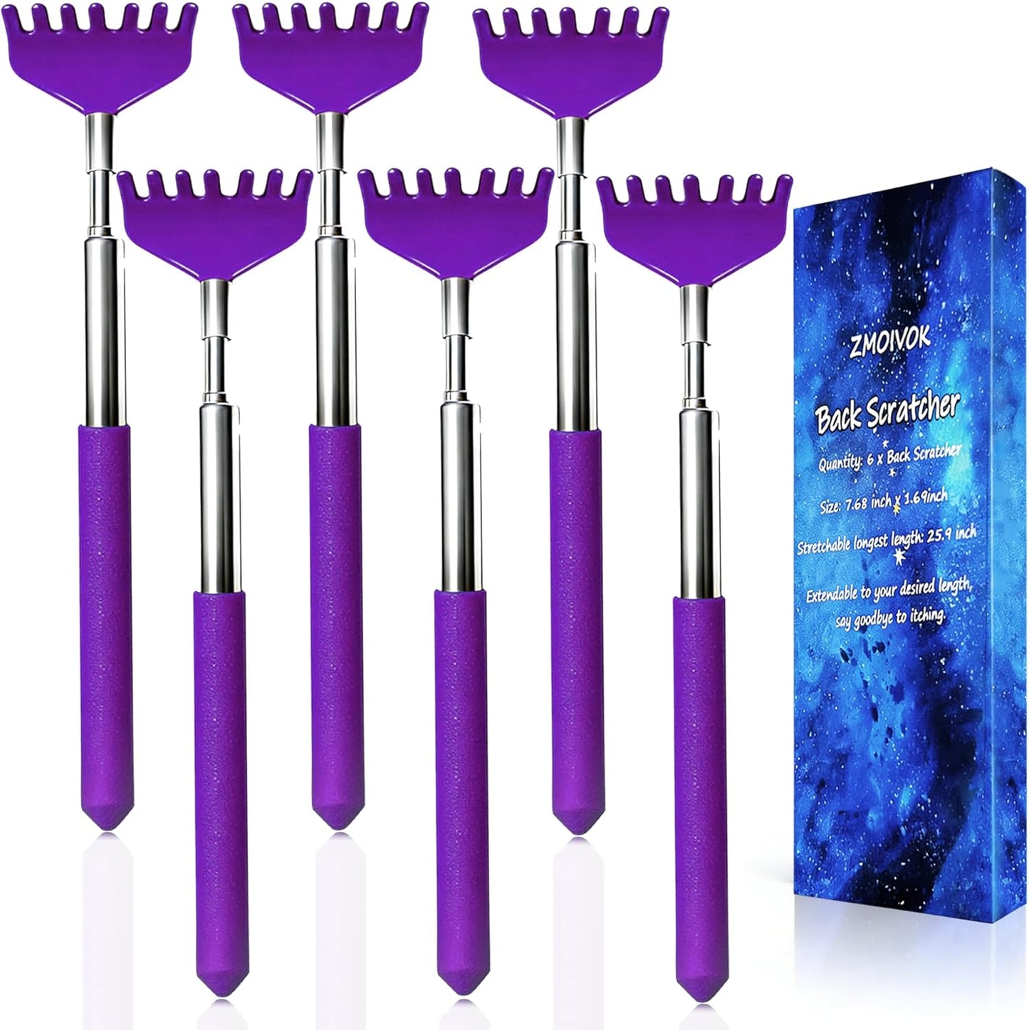 Back Scratchers Set - 6 Pack Extendable Rubber Handle & Stainless Steel Heads | Perfect Gift for Thanksgiving & Christmas