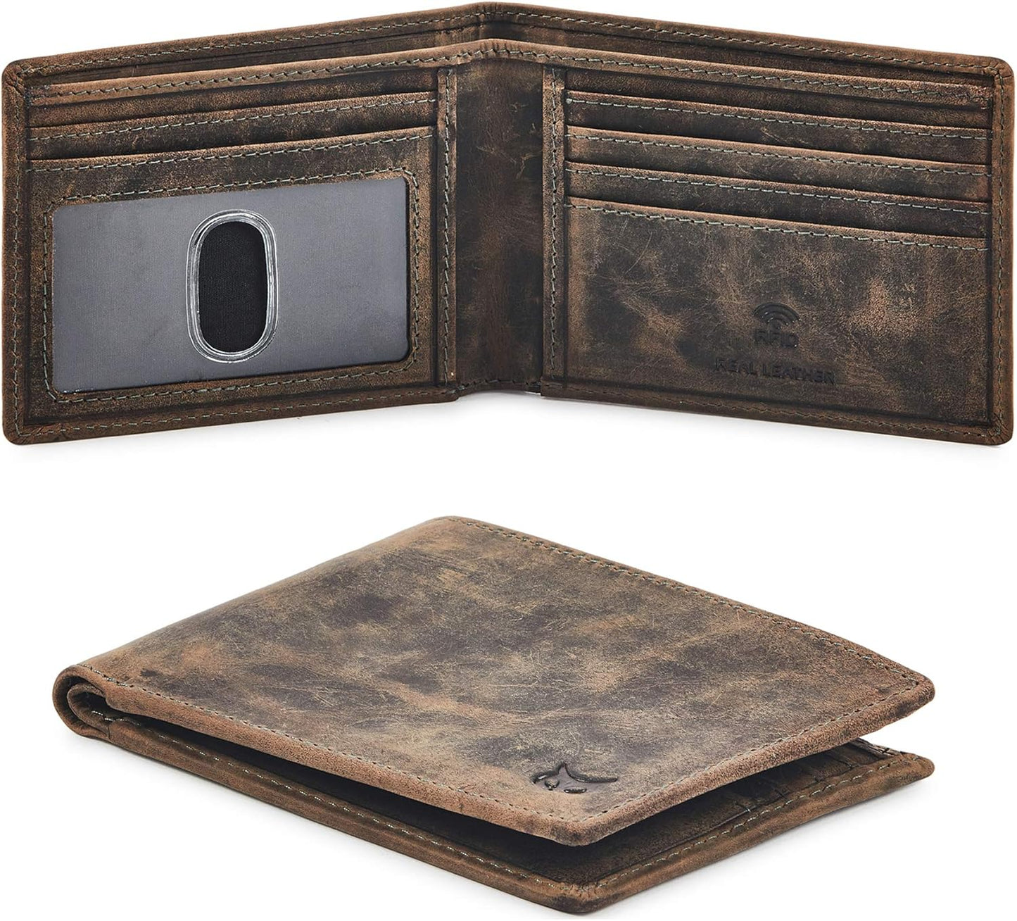 Real Leather Mens Bifold Wallet | RFID Blocking Slim Minimalist Design - Thin & Stylish with ID Window in Gift Box (Crazy Horse, Coffee)