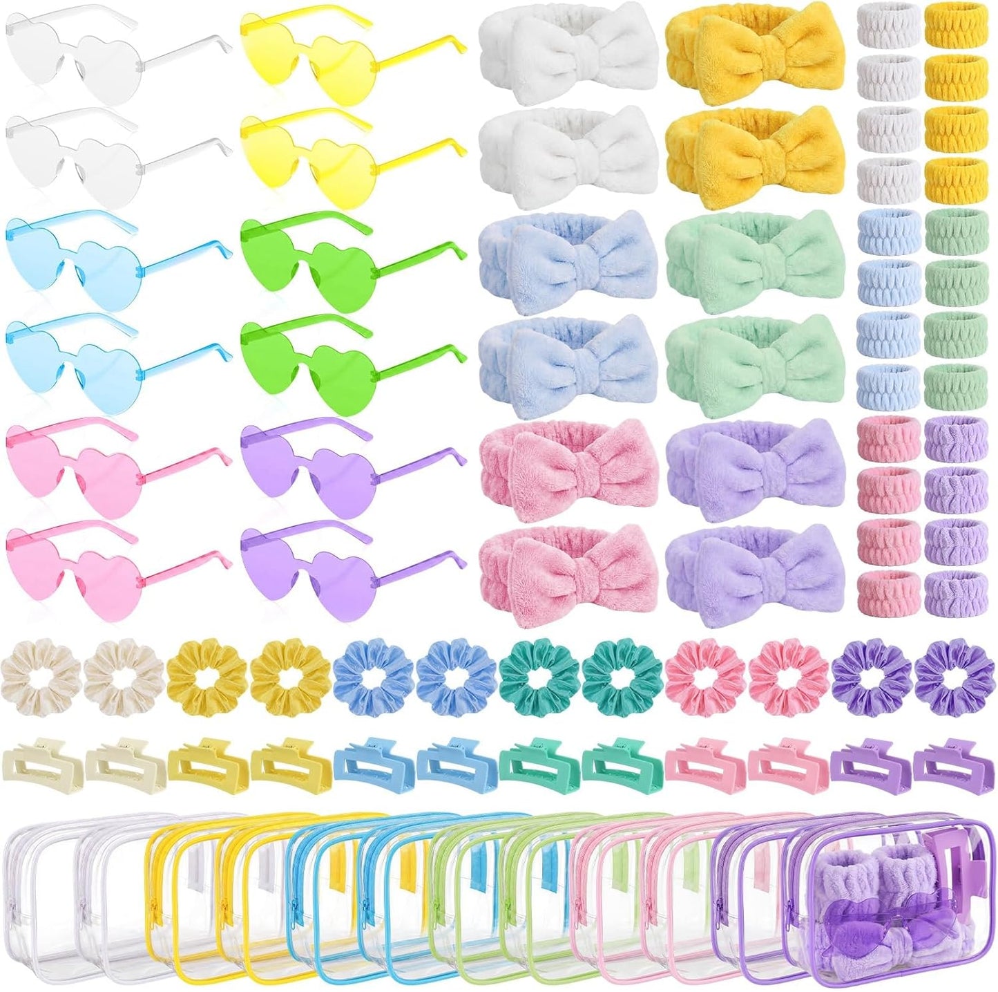 Slumber Party Supplies - 12 Set 84 Pcs Spa Gift Kit with Headbands, Sunglasses & Makeup Bag | Pastel Colors