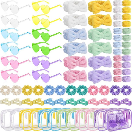 Slumber Party Supplies - 12 Set 84 Pcs Spa Gift Kit with Headbands, Sunglasses & Makeup Bag | Pastel Colors