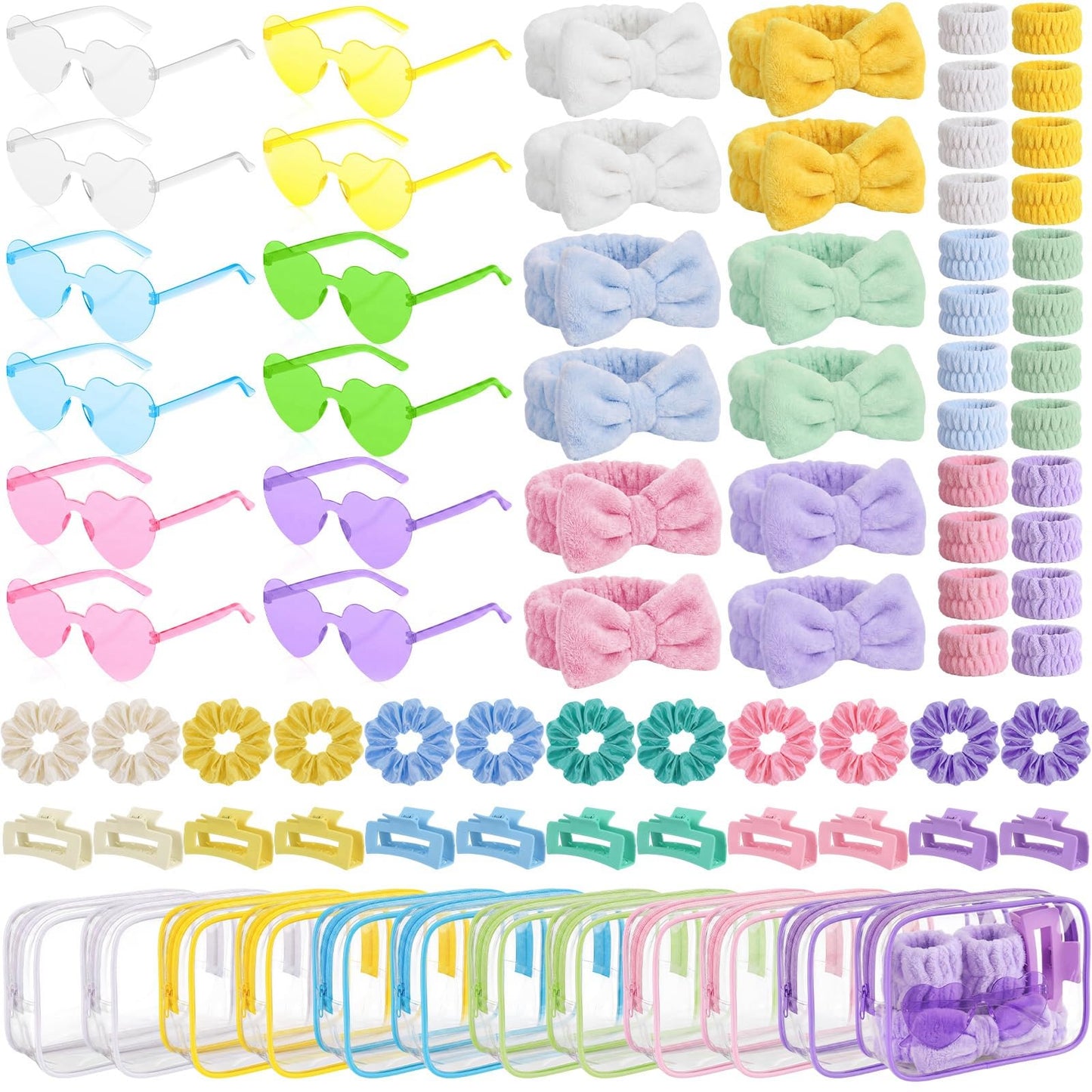 Rivvlive 12 Set 84 Pcs Spa Sleepover Party Favor Slumber Party Supplies Gift Preppy Headband Wristband Heart Sunglass Hair Clip Scrunchie Makeup Bag for Bridal Bachelorette Women Birthday (Pastel)
