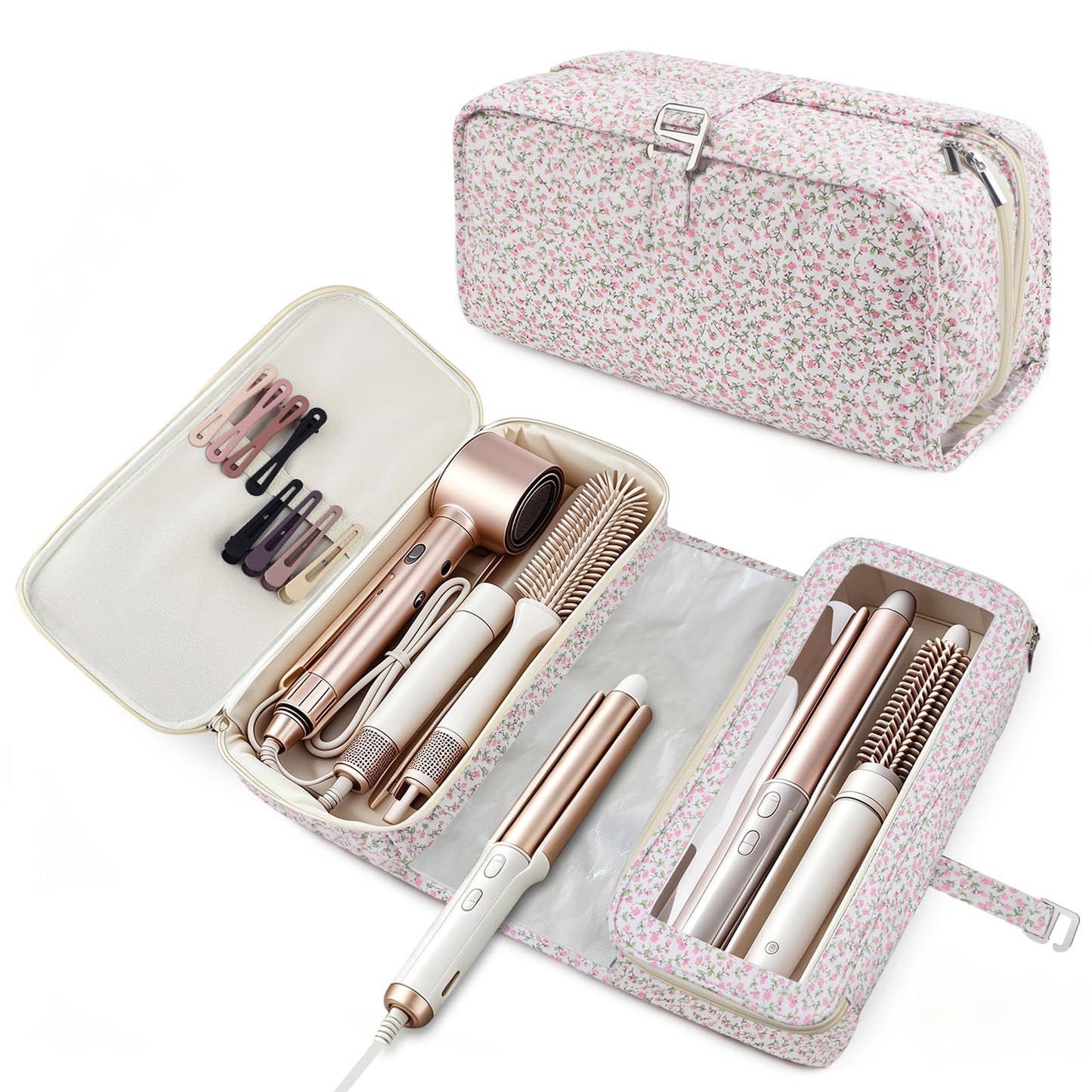 Hair Tools Travel Bag with Heat Resistant Mat Compatible with Shark Flexstyle, Cute Cotton Quilted Floral Hair Tools Travel Bag for Straightener, Curling Iron and Hair Dryer, Portable Organizer (Pink)