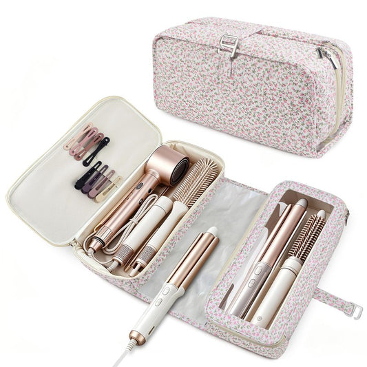 Hair Tools Travel Bag with Heat Resistant Mat Compatible with Shark Flexstyle, Cute Cotton Quilted Floral Hair Tools Travel Bag for Straightener, Curling Iron and Hair Dryer, Portable Organizer (Pink)