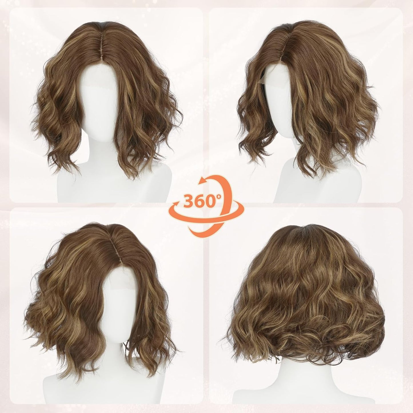 Brown Bob Wig for Women - Lace Front Short Soft Wavy Curly Synthetic Hair | 11 Inch Mixed Brown & Blonde