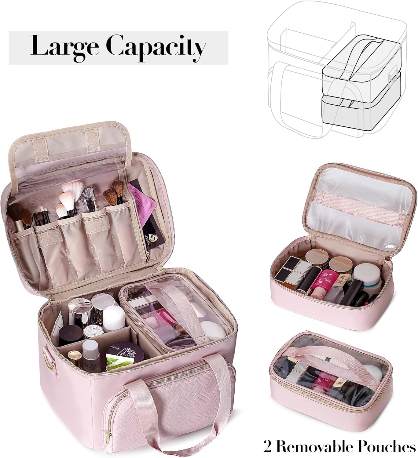 Travel Makeup Bag - Large Cosmetic Organizer with 2 Pouches & Adjustable Dividers | Pink