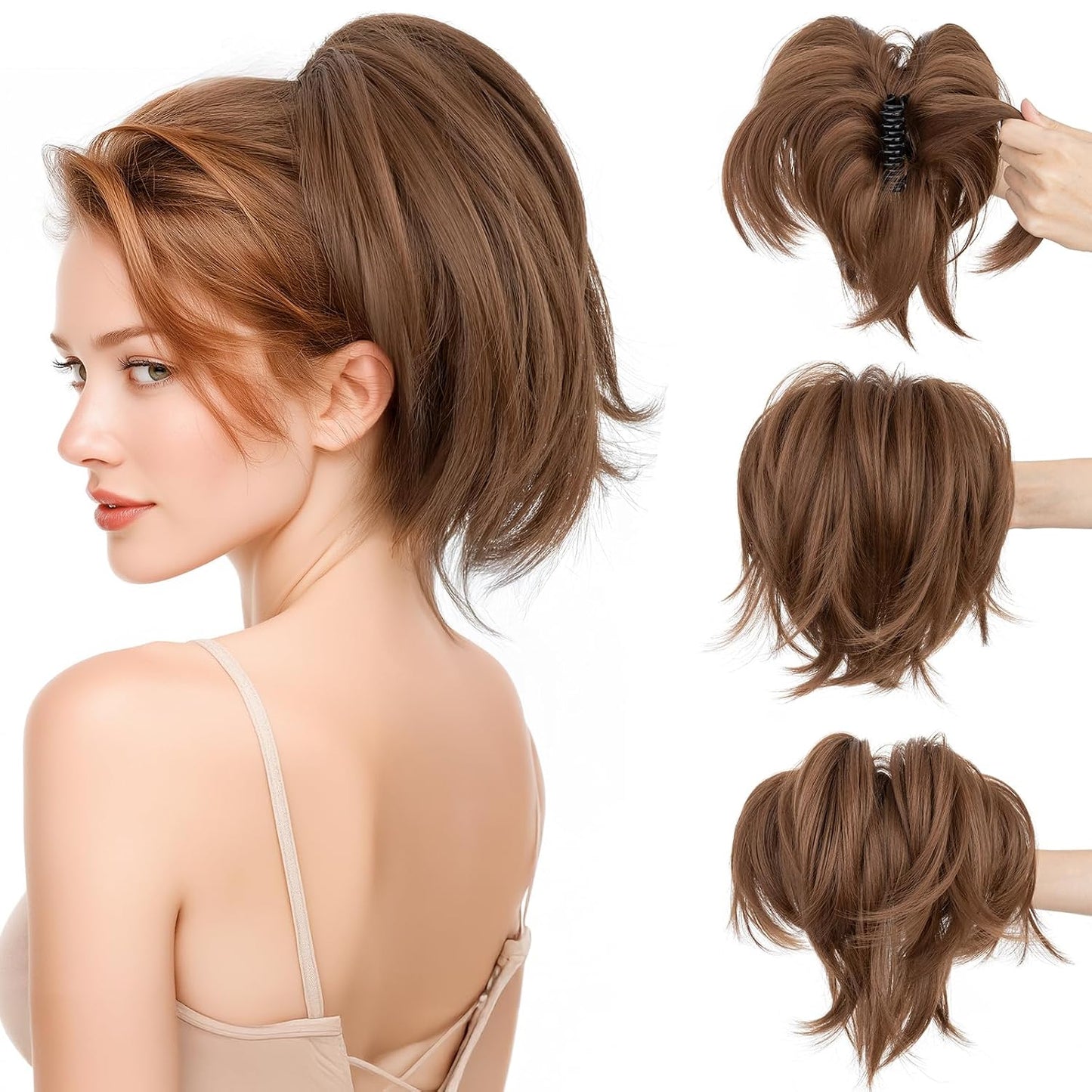 Claw Clip Short Ponytail Hair Extensions - Messy Bun Hair Piece for Women | DIY Bendable Synthetic Hair #12 Light Chocolate Brown