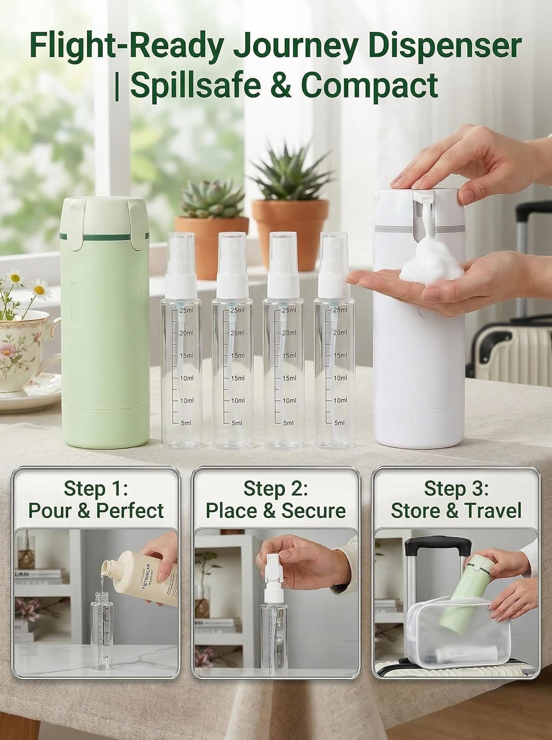 Travel Dispenser Bottle - 4-in-1 Leak-Proof TSA Approved Toiletry Container | Portable Hard Shell with Scale & Labels (White)