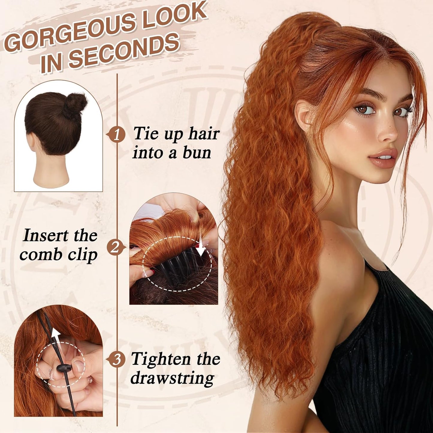22 Inch Long Curly Wavy Copper Red Ponytail Extension - Synthetic Clip-In Hairpiece for Women | Voluminous Hair