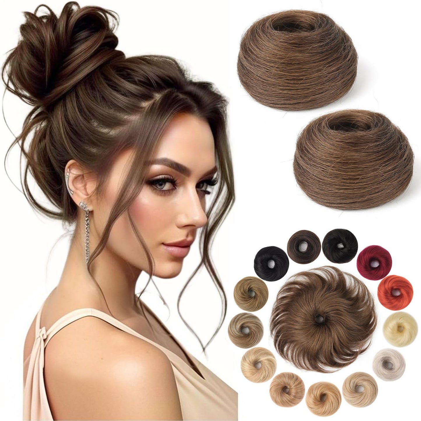 KISANOF Messy Bun Hair Piece Human Hair Chocolate Brown Wavy Tousled Stretchy Fluffy Donut Updo Elastic Rubber Band Messy Bun with Elastic Band(2 Count #4 Medium Brown)