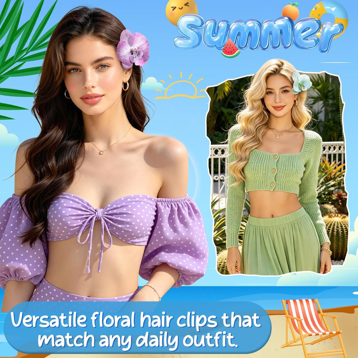 10 Pcs Hawaiian Flower Hair Clip for Women, 2 Styles Orchid Hair Clips Tropical Flower Hairpin Artificial Flower Hair Accessories for Vacation Beach Seaside Wedding
