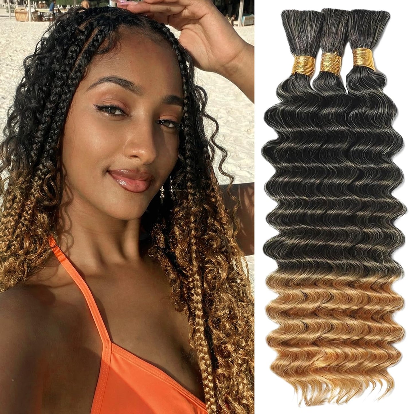 22 Inch Human Braiding Hair - Boho Deep Wave Bulk Brazilian Virgin Hair | 3 Bundles, 110g, Natural Color