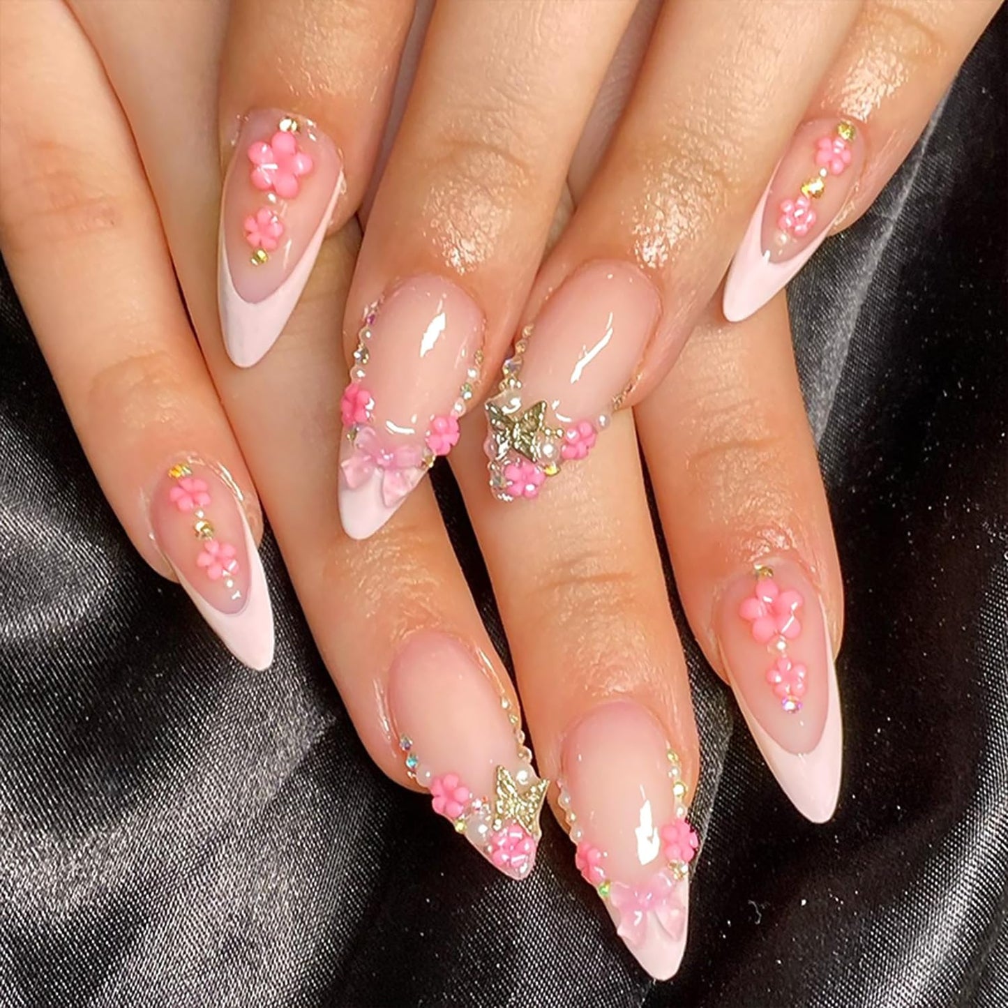3D Flower Press-On Nails - Medium Square Pink French Tip with Star Rhinestones | Full Cover Artificial Nails for Women