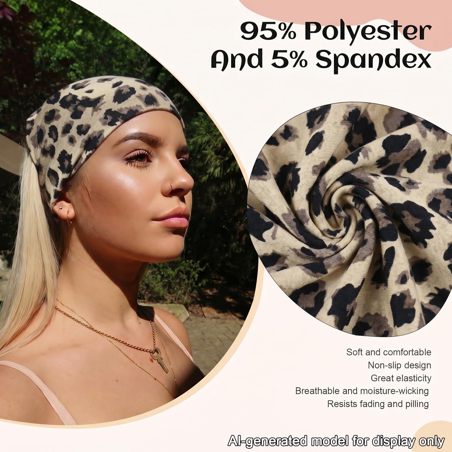 WENNKINN 7-Inch Wide Headbands for Women – 3 Pack Soft Thick Turban Hair Bands, Bandana-Style Head Wraps for Workout Yoga Sleep, Fashion Accessories with 6 Pcs Hair Ties-Brown leopard, Black